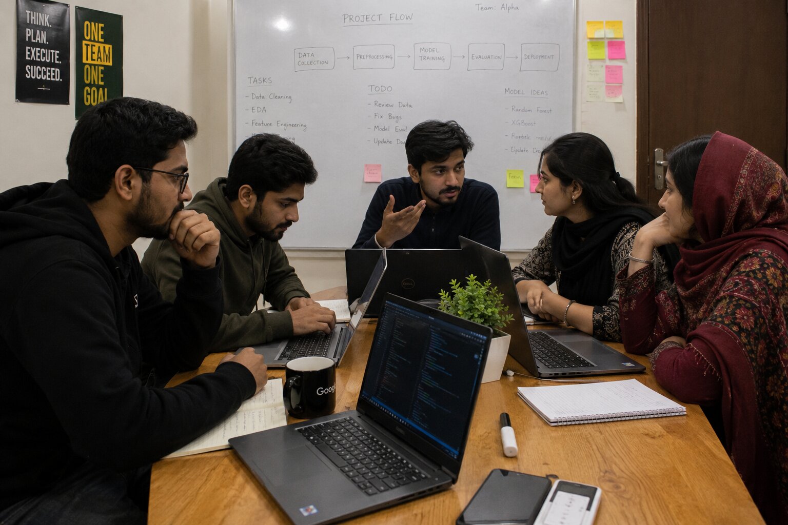 Pakistani engineering students collaborating in a squad session at a whiteboard